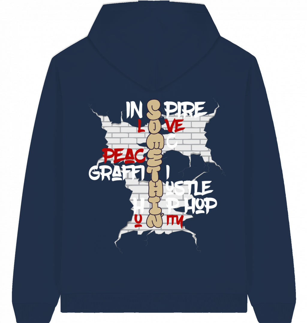 Streetwear Hip-Hop Hoodie Brickwall Hustle Navy Blue , Gold Somethin , Back